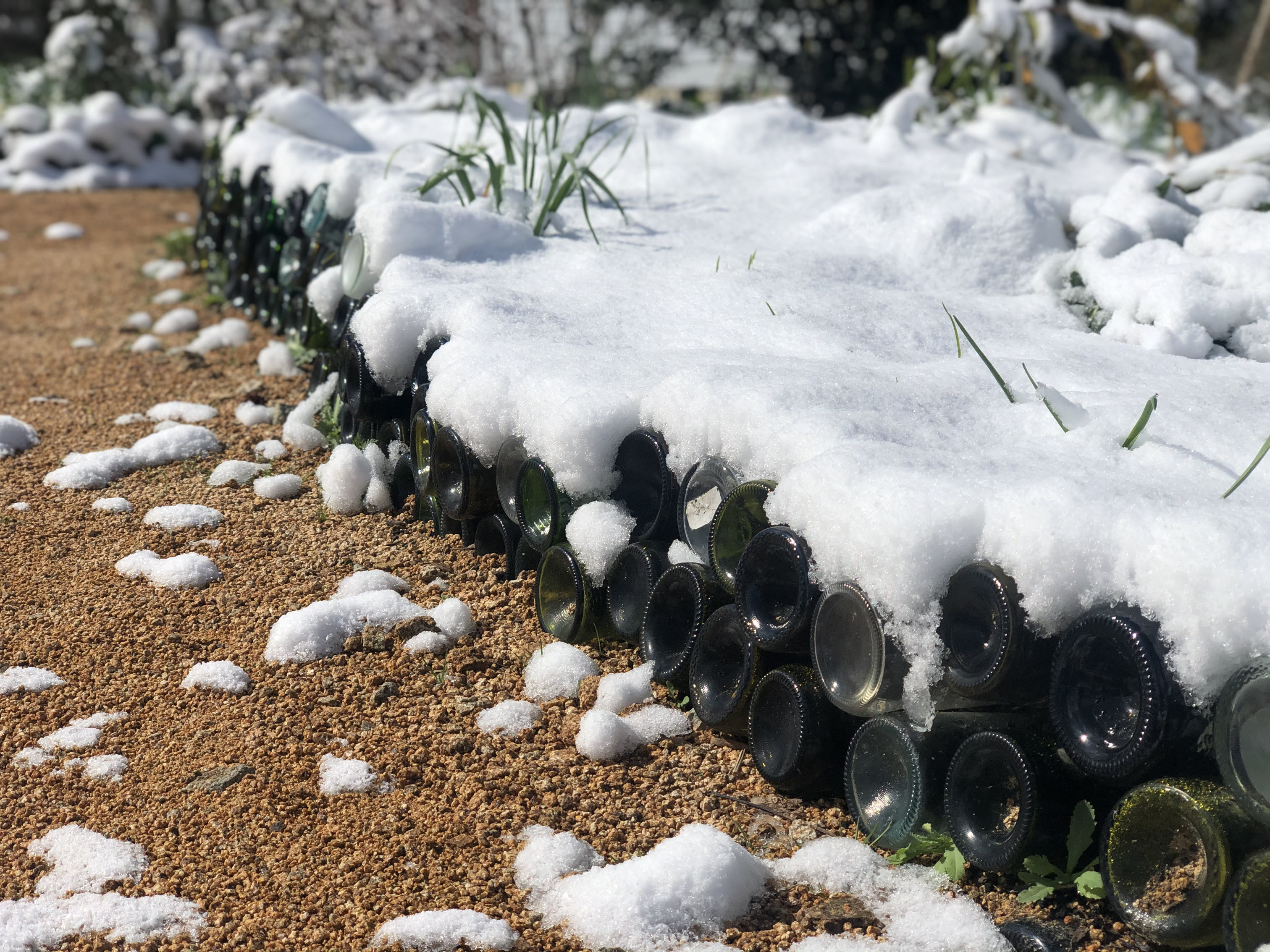 Brie bottle wall covered in snow